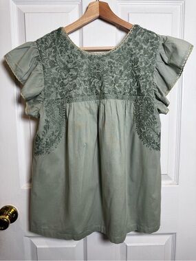 J. Marie Sage Green Embroidered Cotton Flutter Sleeve Boho Top Size Small